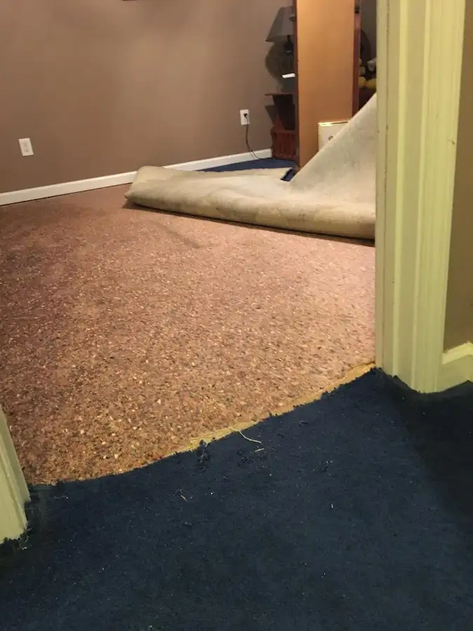 Carpet pad removal revealing water damage during Water Mitigation Services in Alpharetta